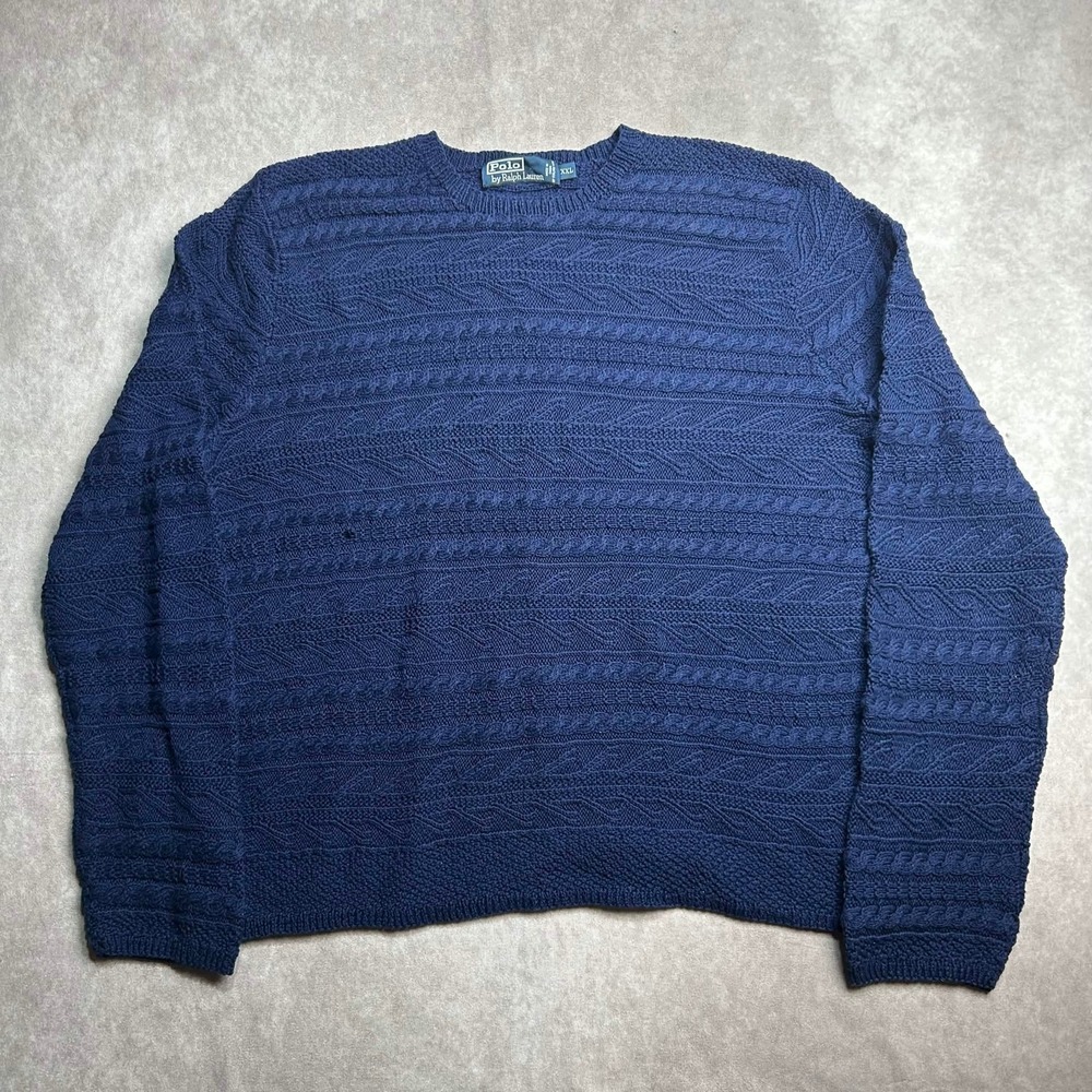Polo Ralph Lauren Navy Blue Hand Knit Cotton Cable Sweater XXL Italian Yarn